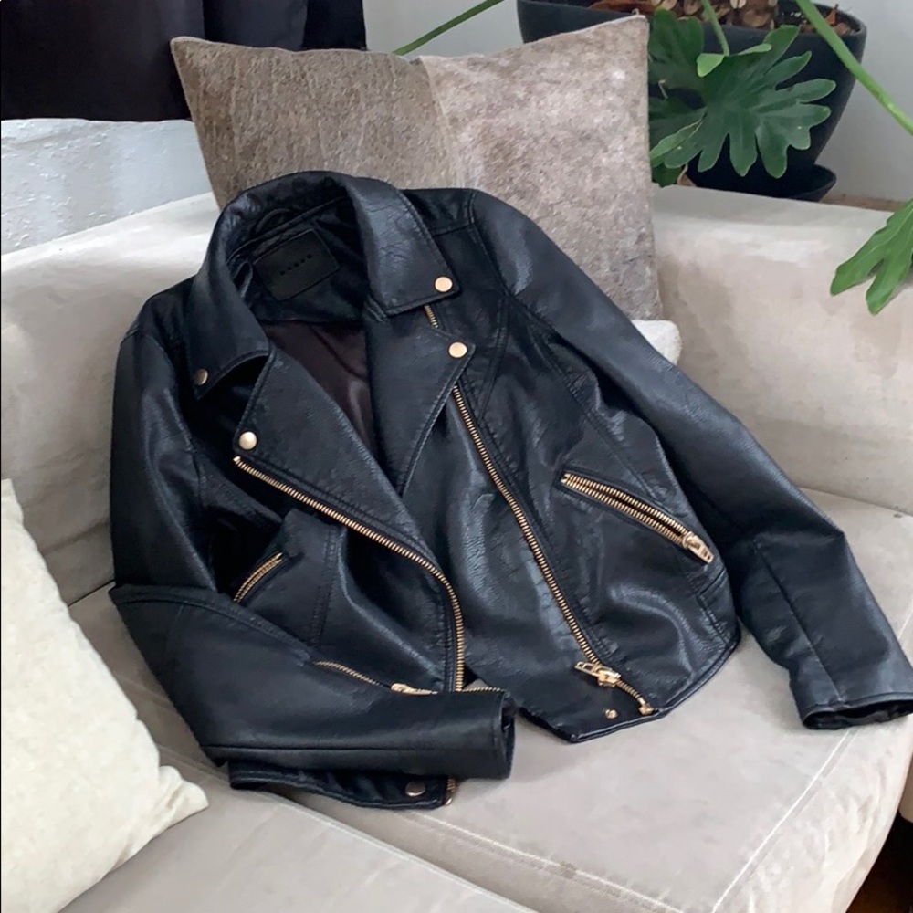 BLANK NYC vegan leather jacket with gold hardware